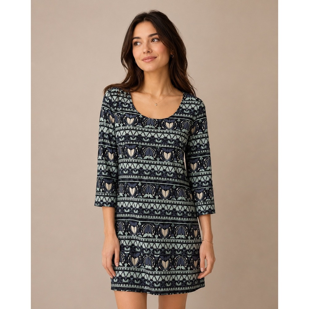 Diane von Furstenberg Laetitia Dress L‎ Black Silk Geometric Print 3/4 Sleeve 8